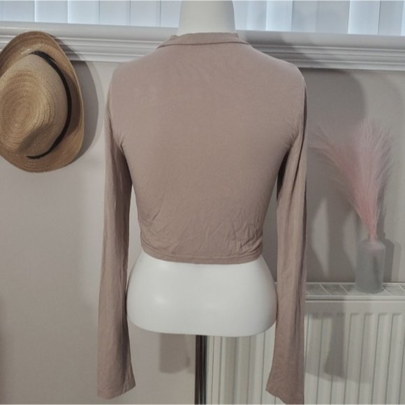 Sandy beige/light ash brown Mock Neck Cropped Long Sleeve top - Picture 2 of 6